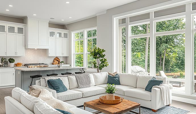 Modern open-concept living room and kitchen with large windows and natural light