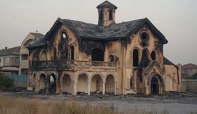 Fire damaged historic church with charred roof