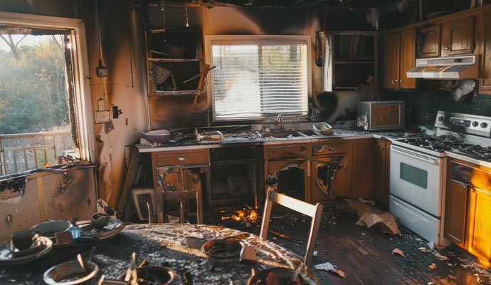 Interior of a kitchen severely damaged by fire with charred cabinets and soot-covered surfaces