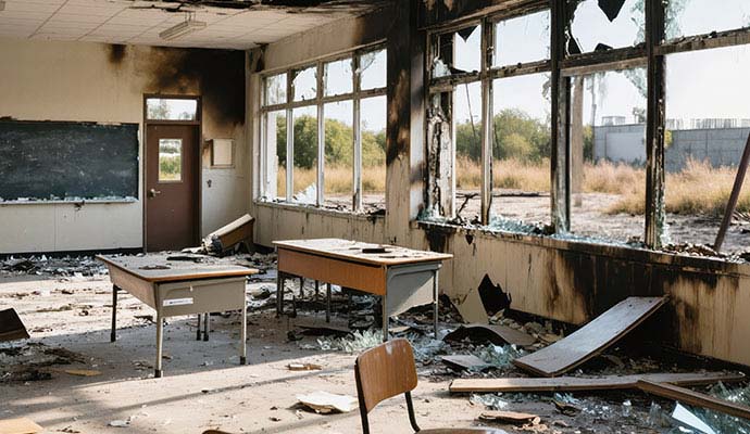 Fire damaged school classroom