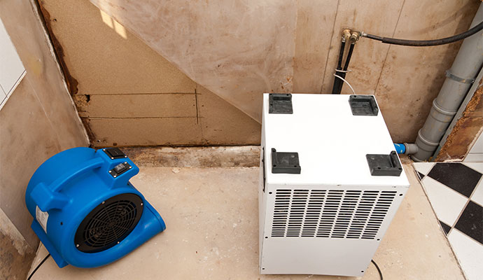 Flood cut walls with drying equipment