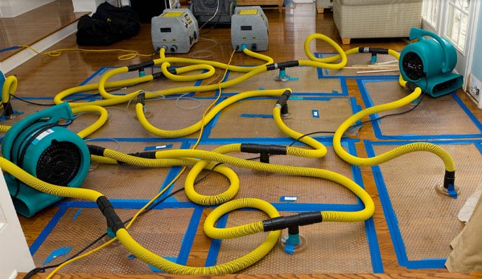 Hardwood floor drying equipment with hoses and air movers
