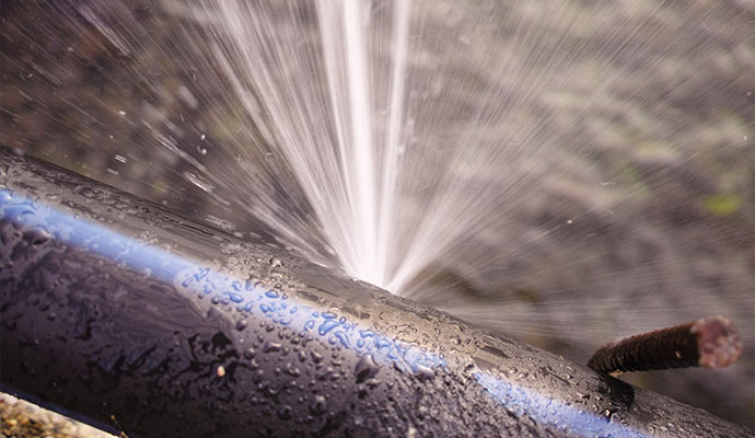 High-pressure water spraying forcefully from a broken metal pipe