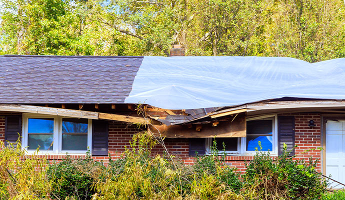 House with tarp on damaged roof