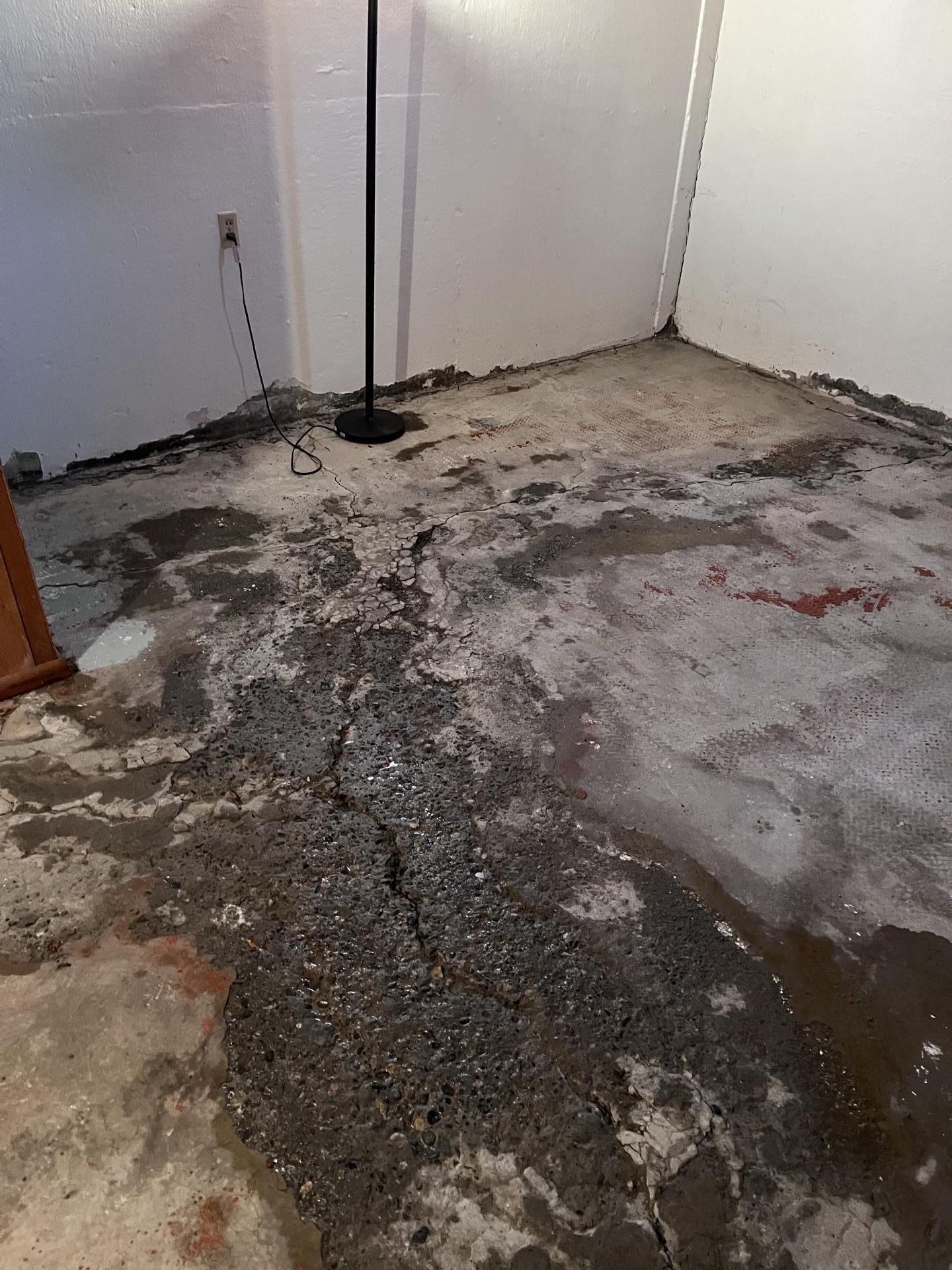 Close-up of extensively damaged and cracked concrete subfloor in a basement, showing water and debris.