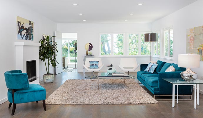 Modern living room restored after disaster damage