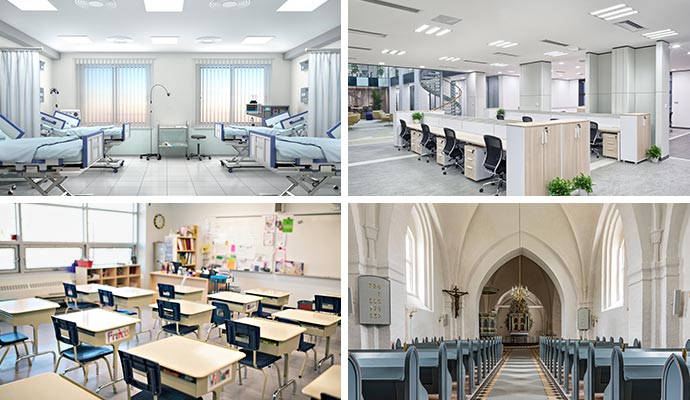 Collage of hospital office classroom and church