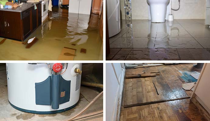 Collage of flooded room, water damaged toilet floor, leaky appliance and water damaged hardwood floor