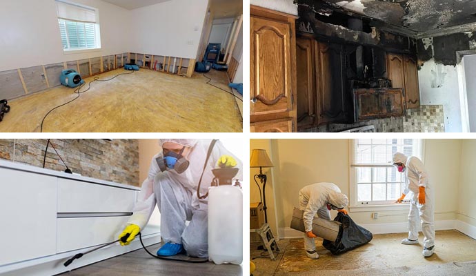 Collage of water drying, fire-damaged kitchen, biohazard sanitization, and disinfection services