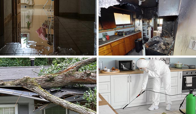 Collage of water, fire, storm damaged property and disinfecting service