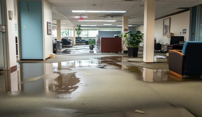 A large portion of an office floor is covered with water due to a water damage incident