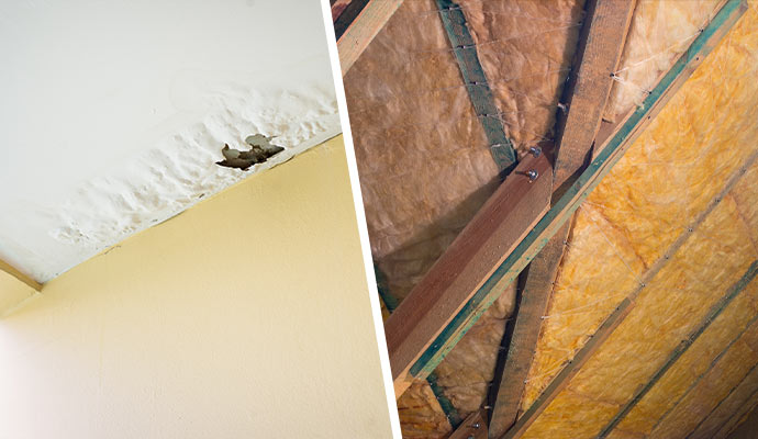Peeling ceiling paint and fiberglass insulation in an attic