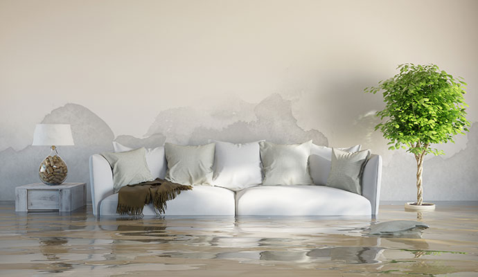 woman in apartment collecting water dripping down from ceiling in a bucket