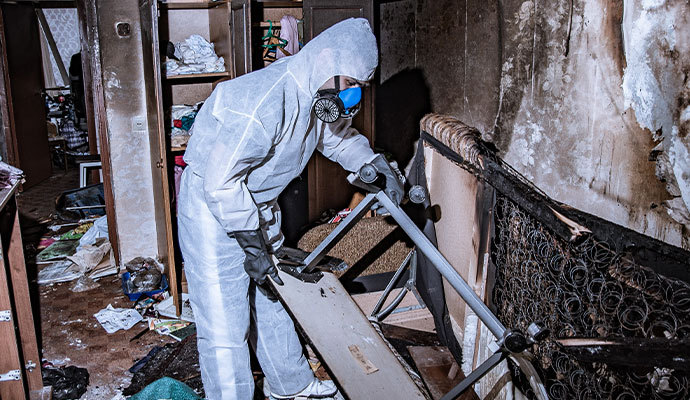 Professional worker cleaning fire damaged room