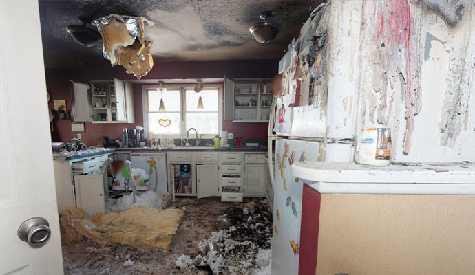 Soot covered kitchen after fire
