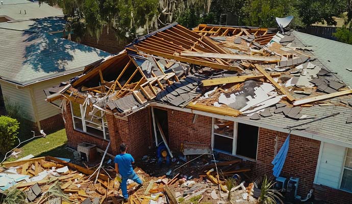 Storm damaged property restoration and repair services in progress