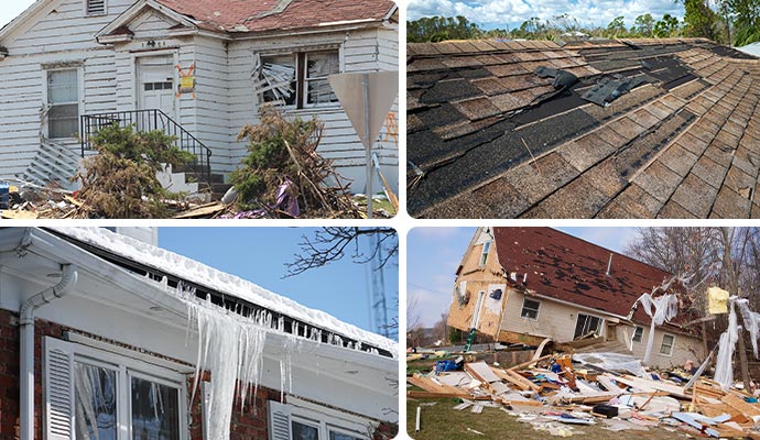 Collage of properties damaged by storms, roof failures, snow and ice and hurricanes