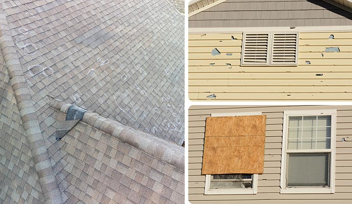 Collage of a hail-damaged house roof and siding