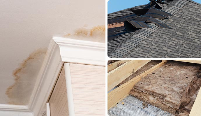 Collage of a water-stained ceiling, damaged roof shingles and exposed attic insulation