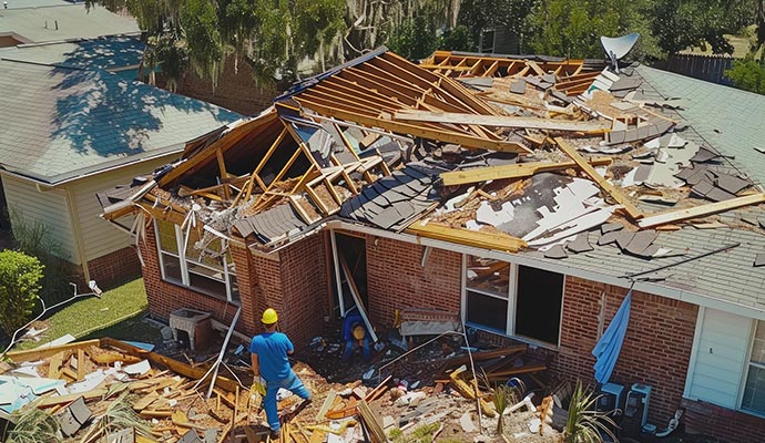Experts repairing and restoring a residential home affected by wind damage