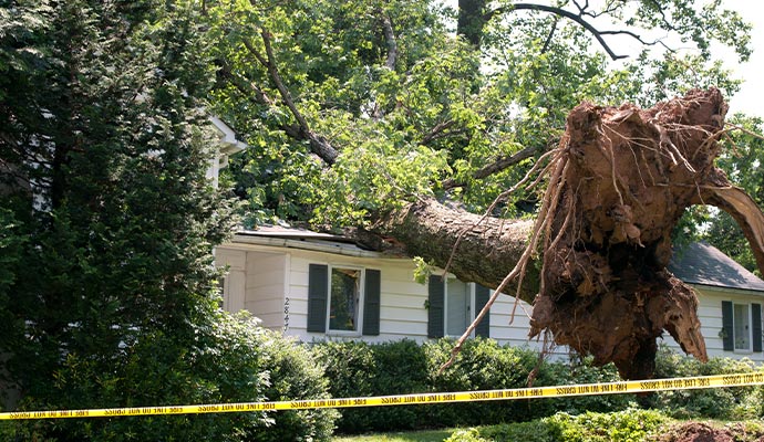 Residential home roof damaged by tree fallen during heavy windstorm