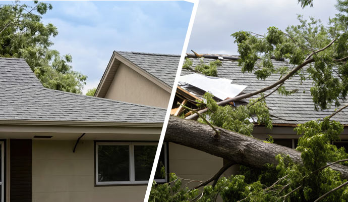 Storm damaged roof before and after
