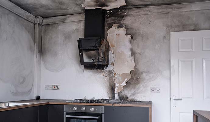 Structural fire damaged kitchen