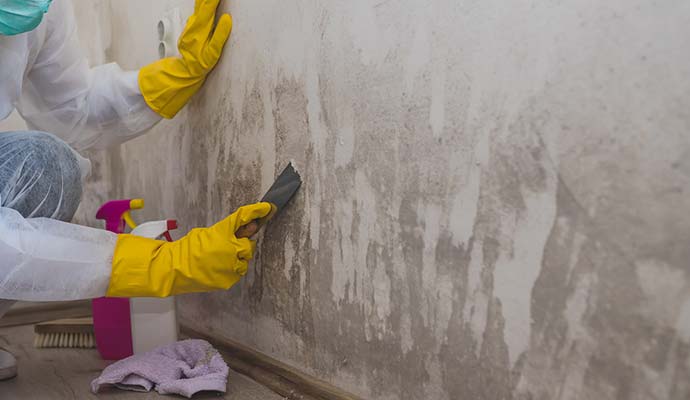 Technician scraping mold from damaged wall