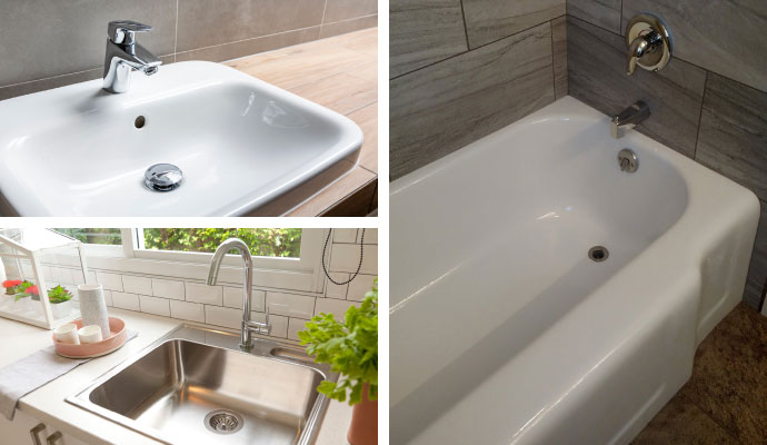 Collage of bathroom sink, kitchen sink and bathtub