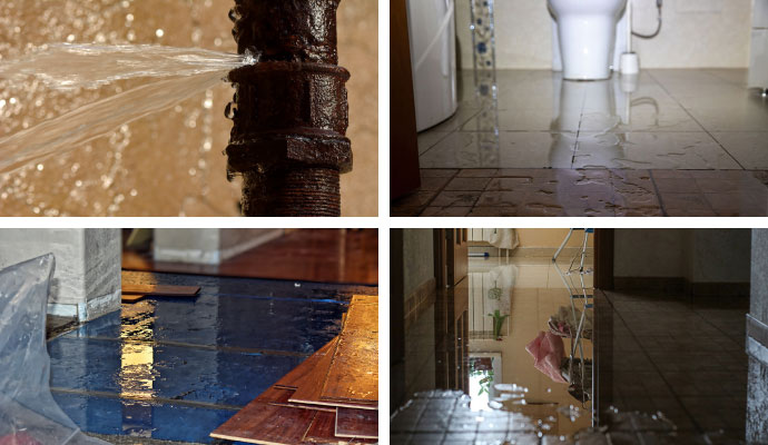 Collage of broken water pipe, wet toilet floor, water damaged hardwood floor and flood damaged area