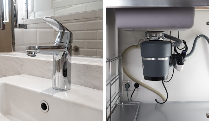 Collage of faucets and garbage disposal