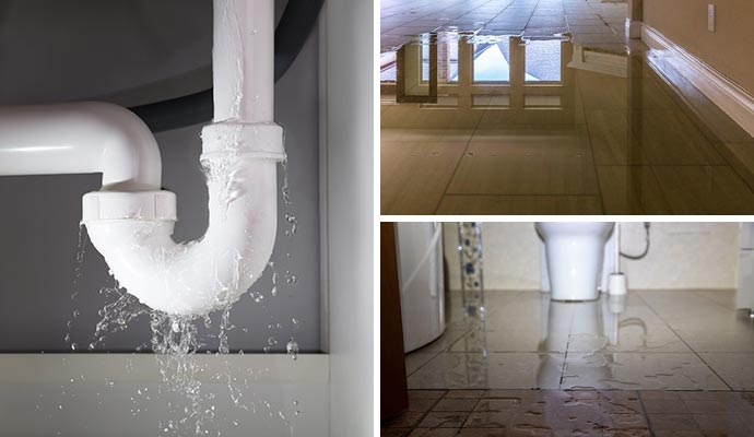 Collage of plumbing leak and water damaged floors