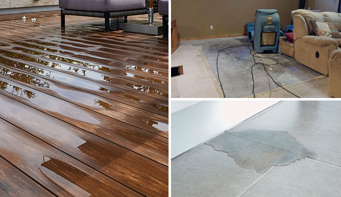 Collage of water damaged wooden floor, water extraction equipment, and damaged tile floor