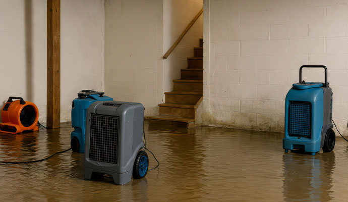 Water damage restoration on flooded basement
