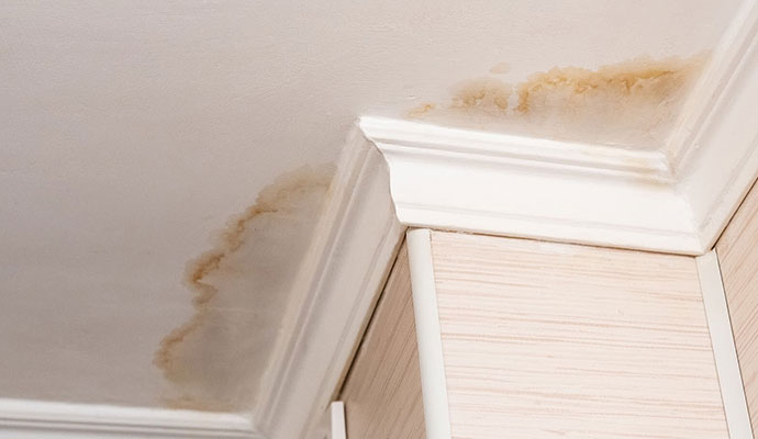 Water damaged ceiling with visible water stains and peeling paint