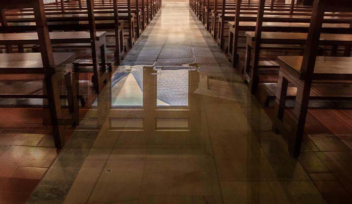 Water damaged flooded church