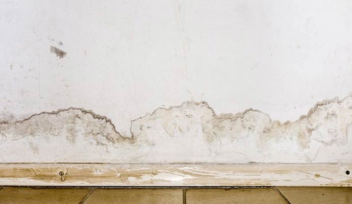 Severe water damage and staining along the base of a white interior wall