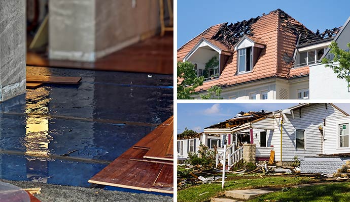 Water, fire, and storm damage collage