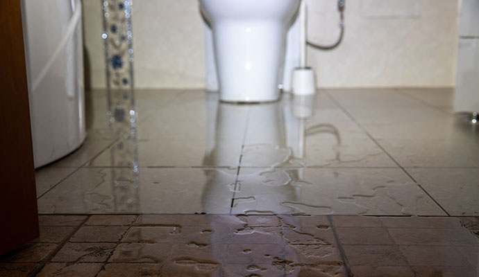 Water pooled on a bathroom floor near a toilet