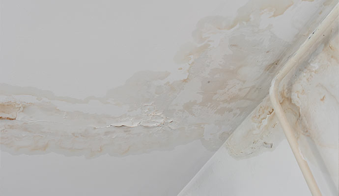 Water stains and bubbling paint on a ceiling and wall