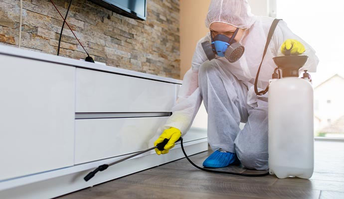 Worker spraying disinfectant