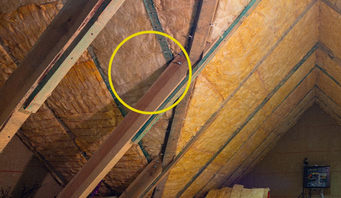 Yellow fiberglass insulation between attic wooden rafters